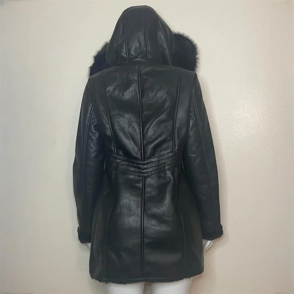 Black PU leather long jacket with sherpa lining removable faux fur on hoodie - Picture 6 of 14